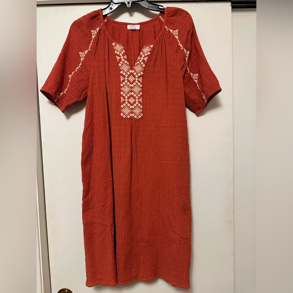 J. Jill Terracotta Embroidered Dress Boho Textured Cotton Shift | Size Small - Picture 2 of 11
